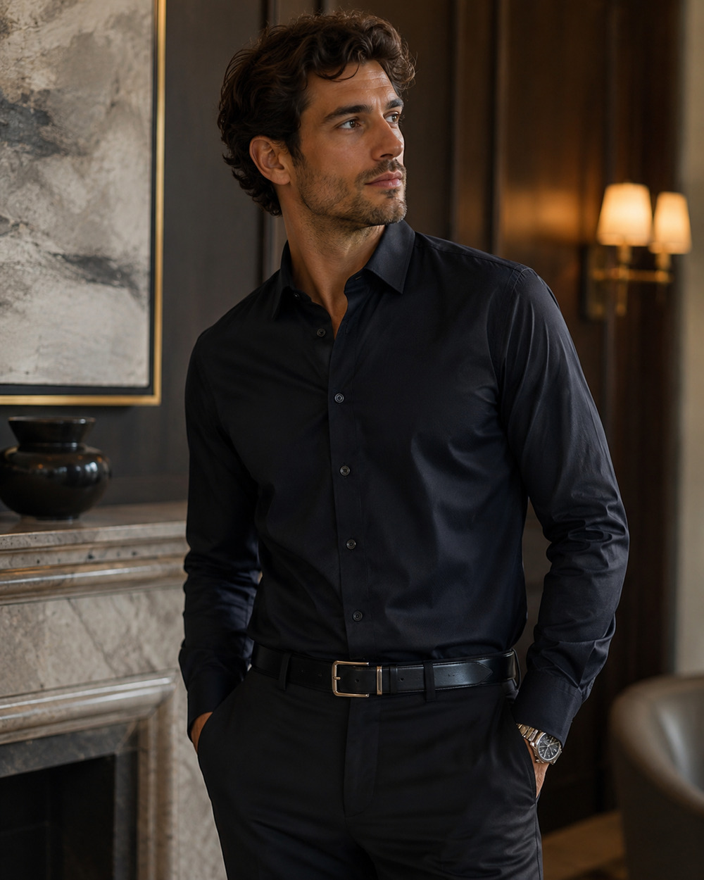 Roberto Cavalli Class Men’s Dress Shirt Black Small Size 15 New